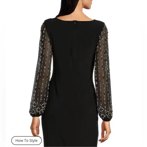 NWT Marina boat neck jersey long beaded sleeve back slit sheath black Dress - Picture 5 of 11